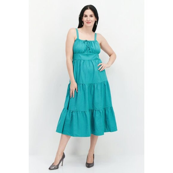 INC international Concepts Tiered Seersucker Midi Dress Green stripes 10 - Picture 1 of 13